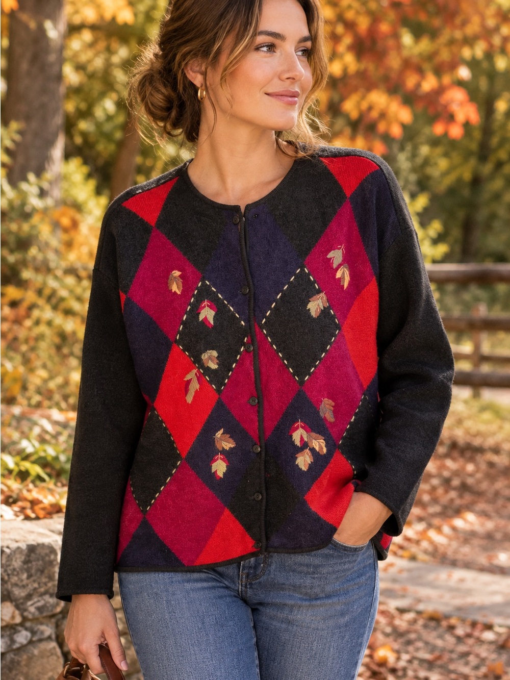 Tabi 100% Pure Virgin Wool Cardigan Sweater XXL Argyle Fall Cottagecore Cabin